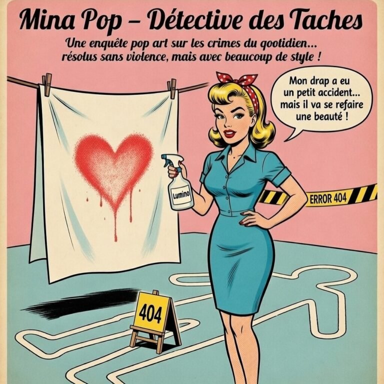 Illustration pop art colorée montrant Mina Pop en robe bleue. Elle tient un spray "Luminol" devant un grand drap blanc étendu sur un fil à linge. Une tache rouge en forme de cœur est visible sur le drap. Une bulle indique : "Mon drap a eu un petit accident... mais il va se refaire une beauté !". En arrière-plan, une bande jaune "ERROR 404" et un panneau de scène de crime "404" sont visibles au sol à côté d'une silhouette blanche.