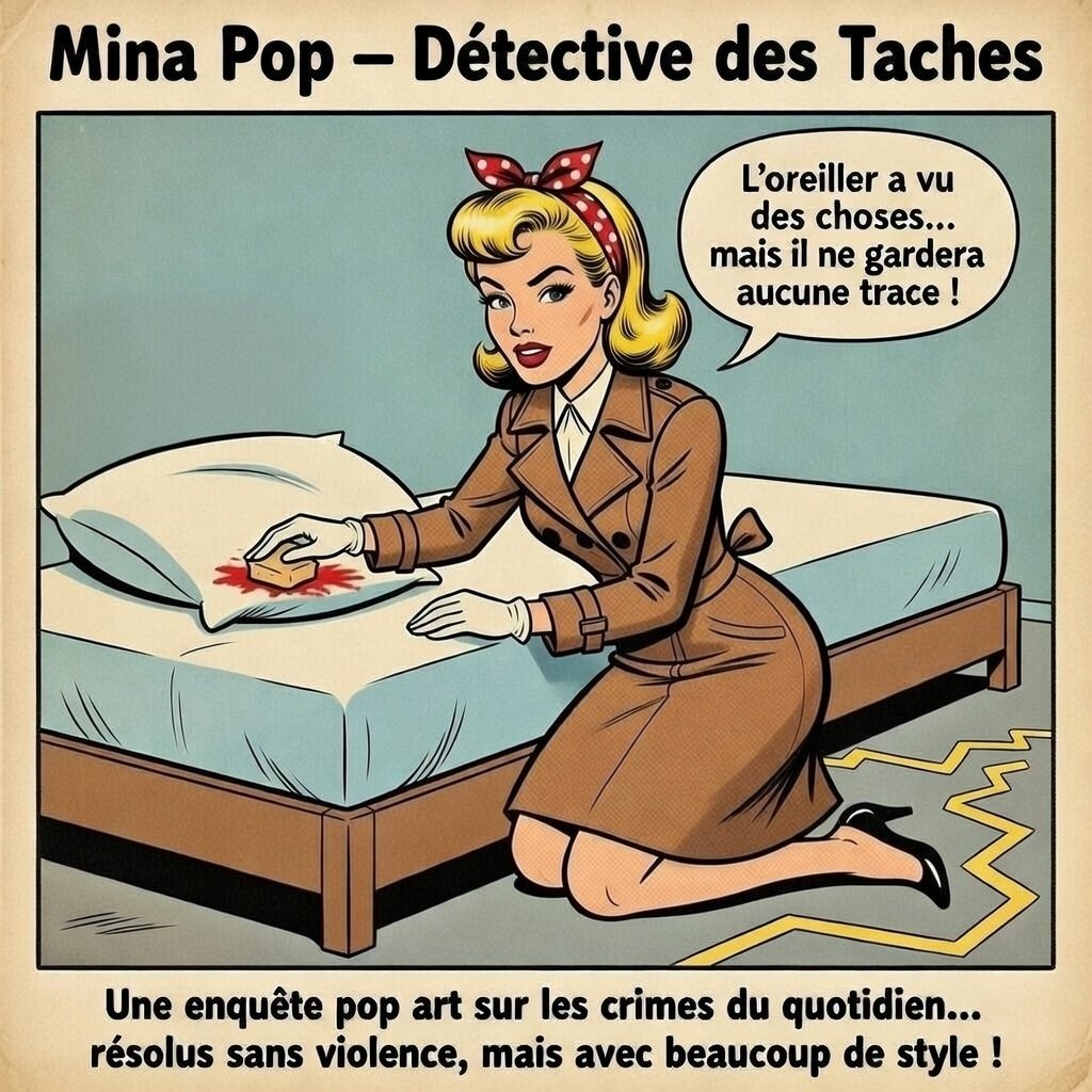 Illustration rétro pop art de "Mina Pop", détective des taches. Elle porte un trench-coat et un bandeau à pois rouges dans les cheveux. Agenouillée près d'un lit, elle frotte avec une éponge une tache de sang rouge sur un oreiller blanc. Une bulle indique : "L'oreiller a vu des choses... mais il ne gardera aucune trace !". Une ligne brisée jaune type "scène de crime" est visible au sol.
