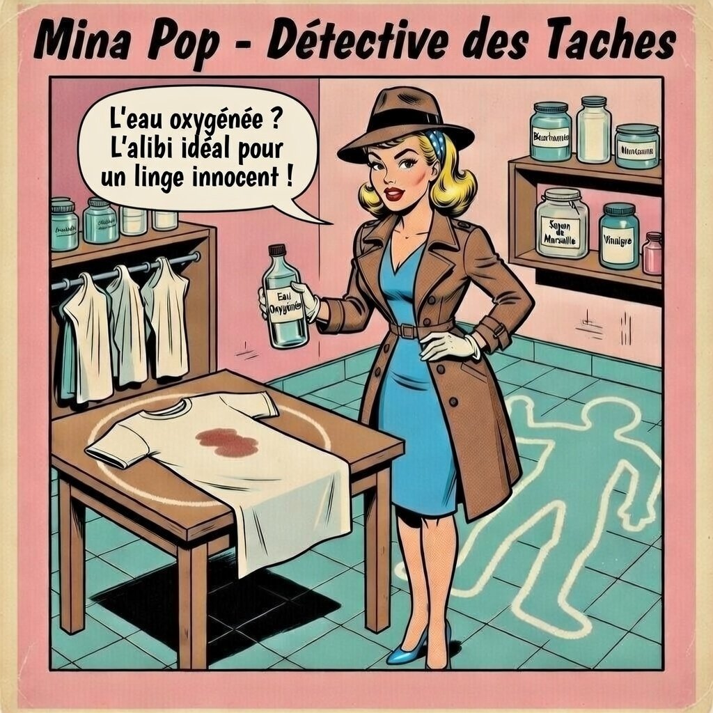 Illustration pop art de Mina Pop, détective des taches. Elle tient une bouteille d'eau oxygénée et dit : "L'eau oxygénée ? L'alibi idéal pour un linge innocent !". Sur une table, un t-shirt blanc est taché de sang et entouré à la craie. En arrière-plan, des étagères contiennent des produits ménagers. Une silhouette de scène de crime est dessinée sur le sol.