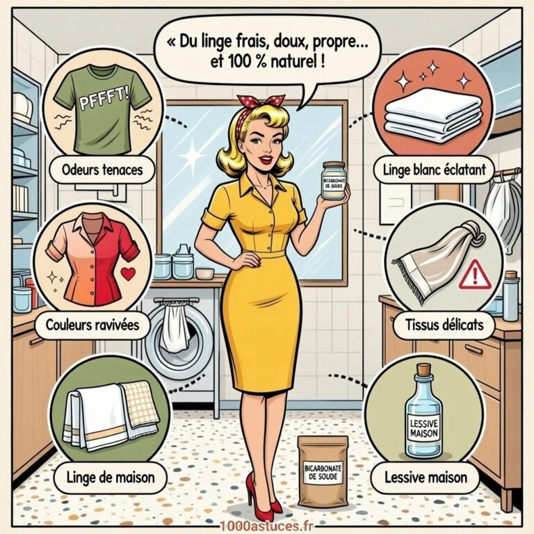 Femme rétro dans une buanderie tenant un bocal de bicarbonate, entourée de linge frais, blanc, coloré et naturel, astuce pour un lavage 100 % écologique