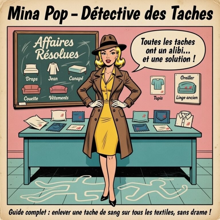 Illustration pop art de Mina Pop en détective, debout devant une table couverte d’échantillons textiles tachés de rouge. Derrière elle, un tableau “Affaires Résolues” liste draps, jean, canapé, couette, vêtements. D’autres tissus tachés sont visibles : tapis, oreiller, linge ancien. Ambiance scène de crime ménagère, humour rétro et enquête textile.