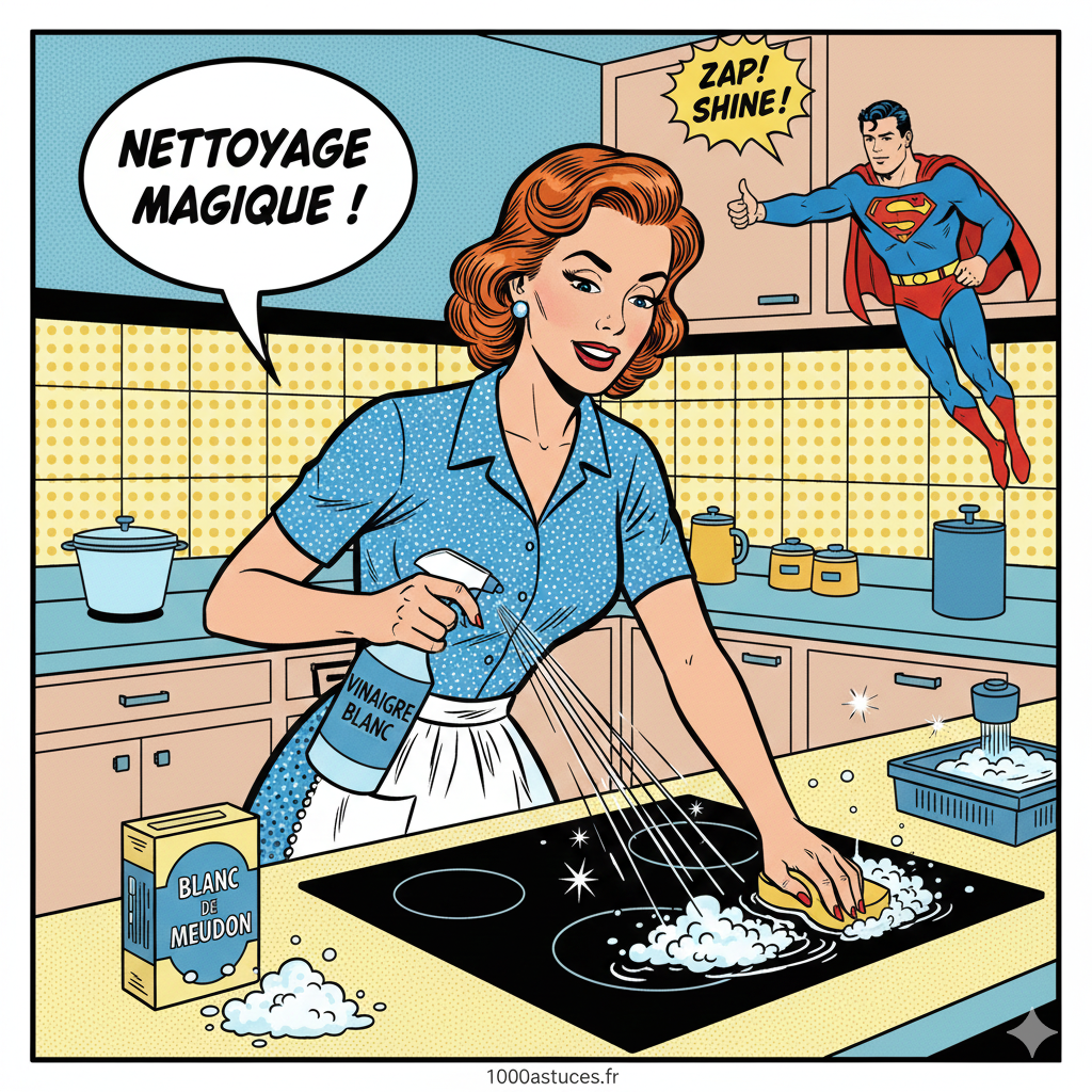 Illustration style BD : femme nettoyant une plaque à induction avec vinaigre blanc et blanc de Meudon, cuisine brillante, personnage de super-héros en arrière-plan.
