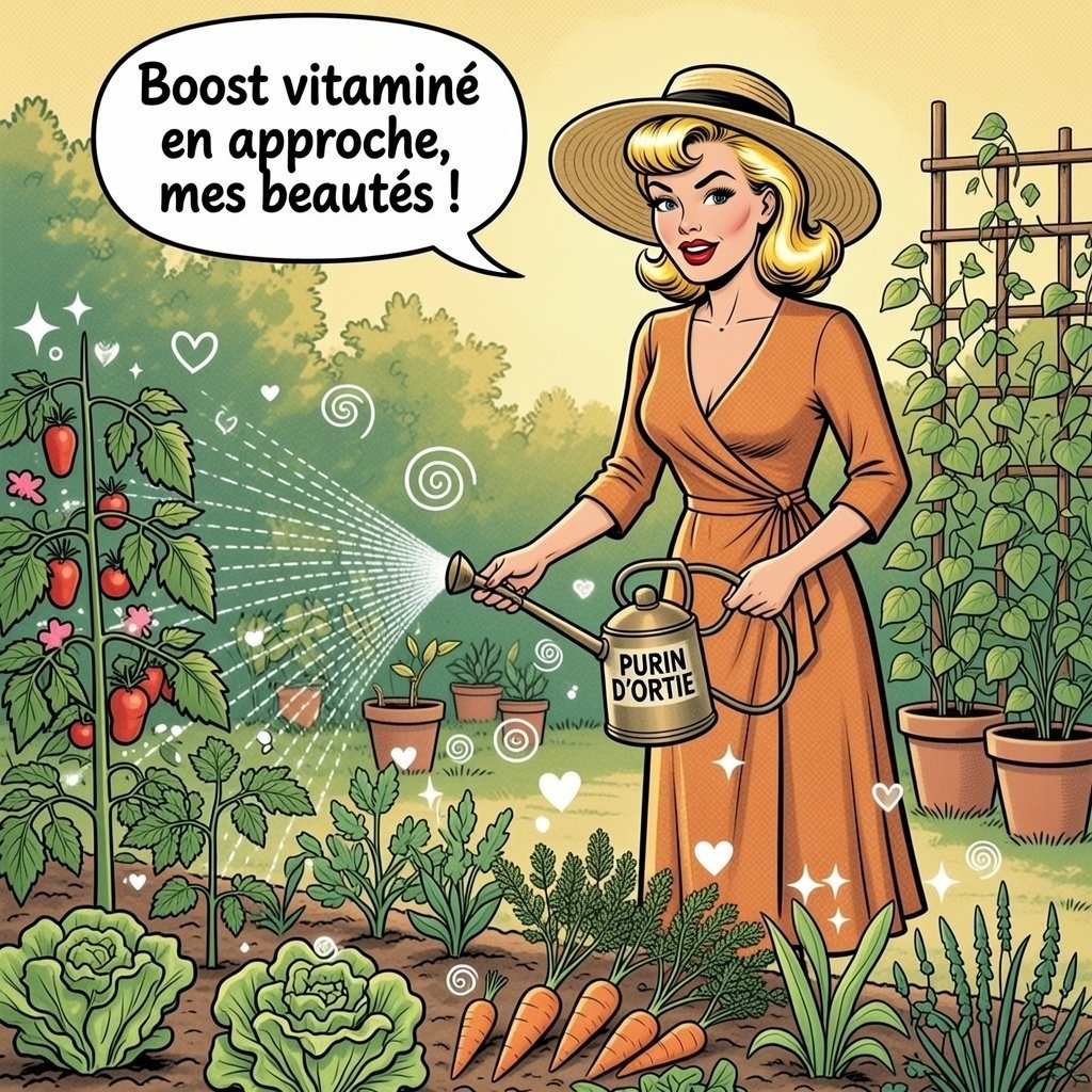 Mina pop arrosant des légumes avec du purin d’ortie, illustration pop-art vitaminée du jardinage naturel.
