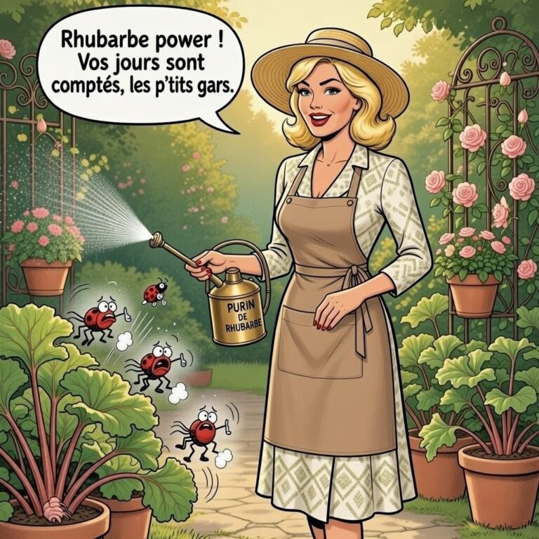 Mina Pop arrosant des pucerons avec du purin de rhubarbe, illustration humoristique de jardinage naturel.