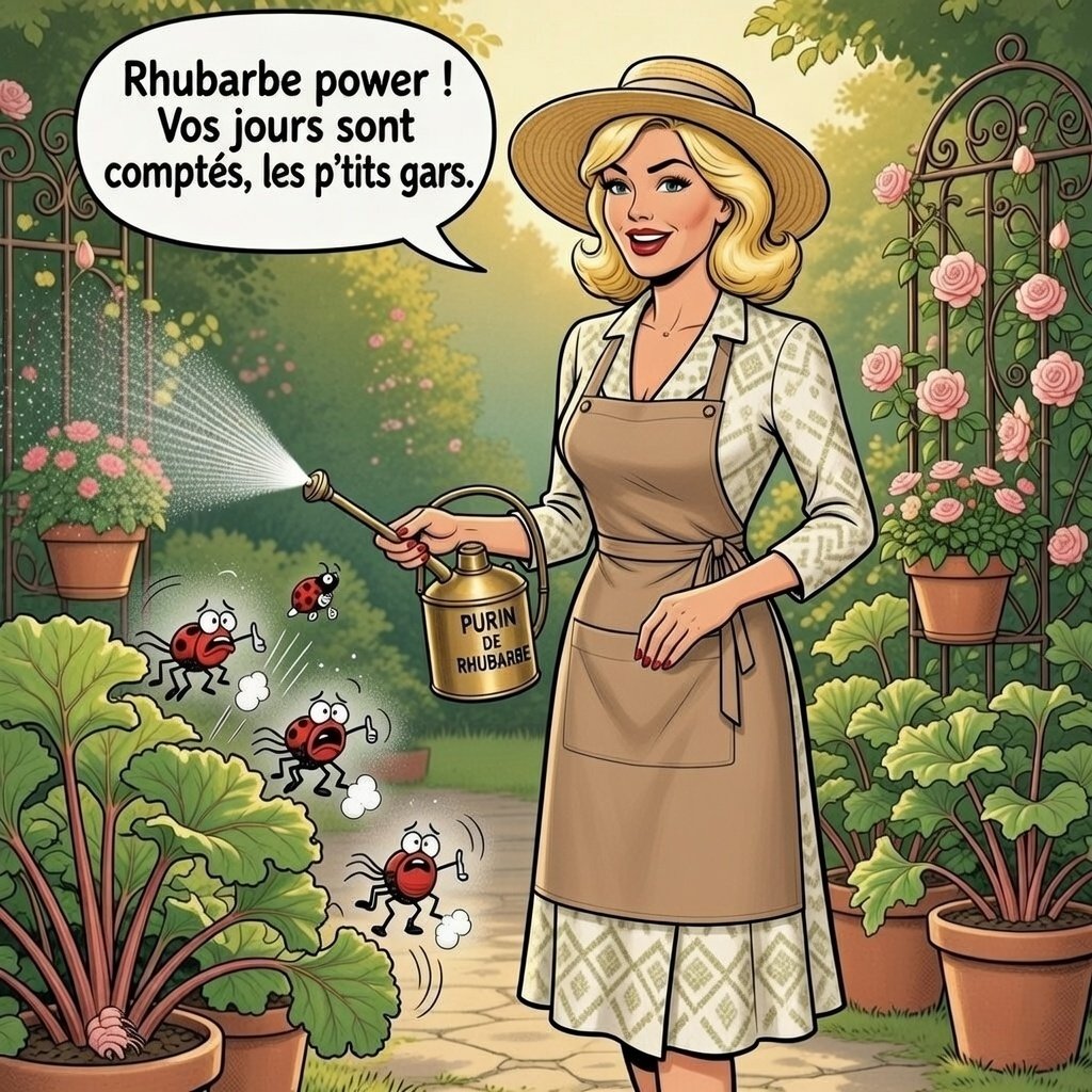 Mina Pop arrosant des pucerons avec du purin de rhubarbe, illustration humoristique de jardinage naturel.