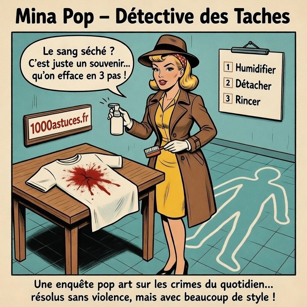 Illustration rétro pop art de "Mina Pop", détective des taches. Elle porte un trench-coat marron et vaporise un produit sur un t-shirt blanc taché de sang séché. Elle dit : "Le sang séché ? C'est juste un souvenir... qu'on efface en 3 pas !". Un panneau indique "1000astuces.fr" et un tableau liste "1 Humidifier, 2 Détacher, 3 Rincer". Une silhouette de scène de crime est dessinée au sol.