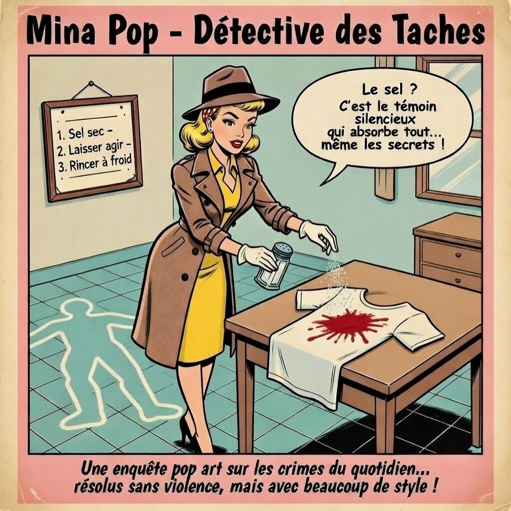 Illustration pop art de Mina Pop en détective, saupoudrant du sel sur une chemise blanche tachée de rouge posée sur une table. Ambiance scène de crime domestique avec contour de corps au sol, décor rétro et humour visuel. Une affiche détaille les étapes du détachage au sel.