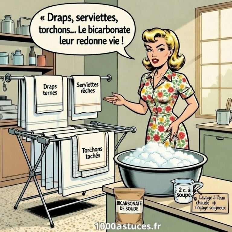 Femme rétro dans une buanderie préparant un bain au bicarbonate pour draps ternes, serviettes rêches et torchons tachés, astuce naturelle pour linge du quotidien