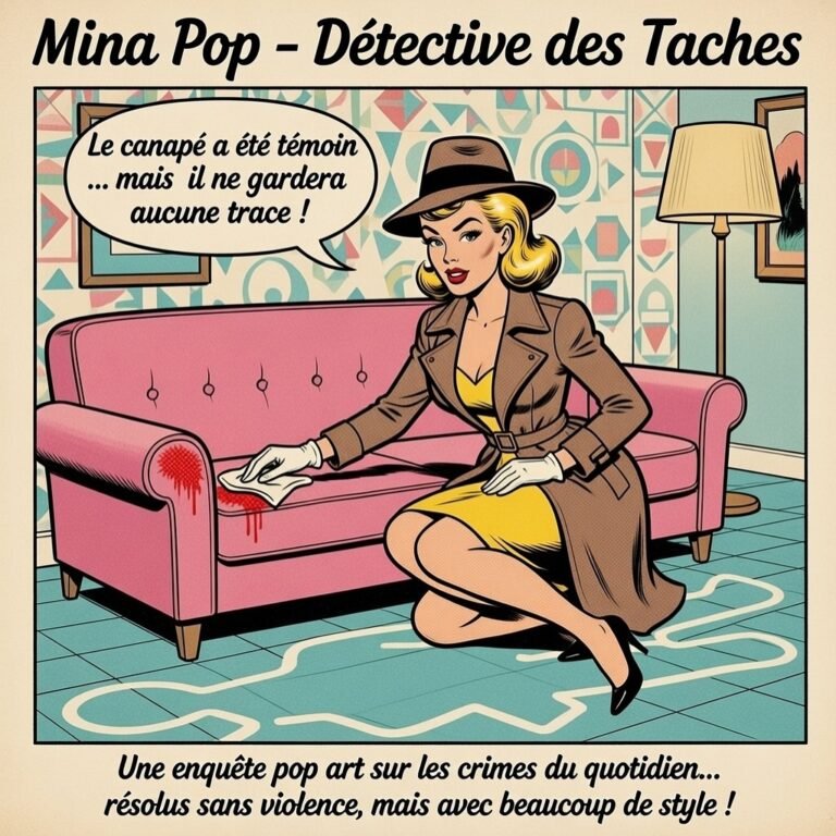 Illustration style comics rétro de "Mina Pop", détective en trench-coat, agenouillée près d'un canapé rose taché de sang. Elle tamponne la tache avec un chiffon blanc et déclare : "Le canapé a été témoin... mais il ne gardera aucune trace !". Une silhouette de scène de crime est dessinée à la craie sur le sol carrelé bleu.