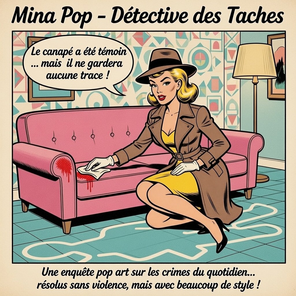 Illustration style comics rétro de "Mina Pop", détective en trench-coat, agenouillée près d'un canapé rose taché de sang. Elle tamponne la tache avec un chiffon blanc et déclare : "Le canapé a été témoin... mais il ne gardera aucune trace !". Une silhouette de scène de crime est dessinée à la craie sur le sol carrelé bleu.