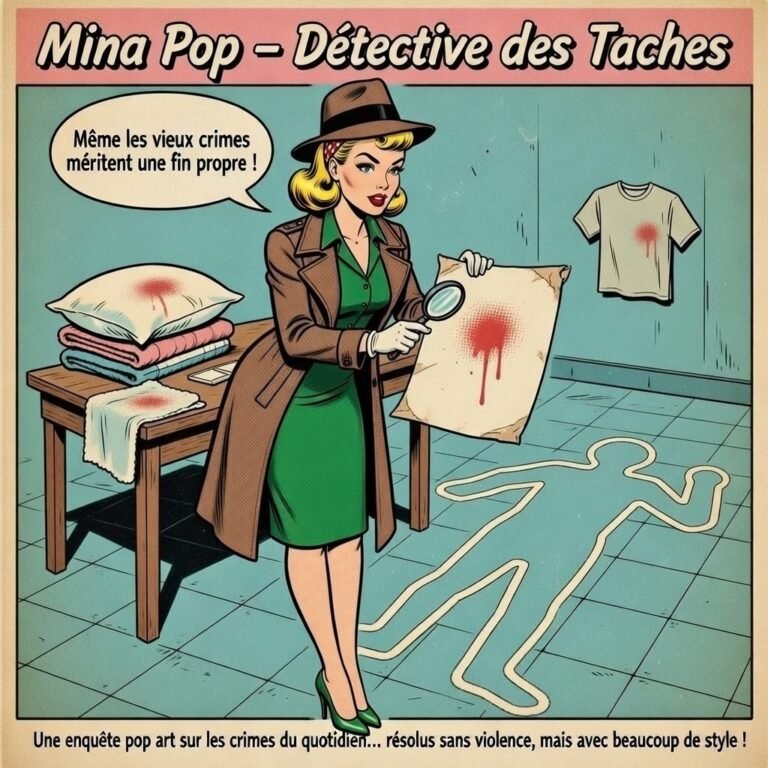 Illustration rétro pop art montrant "Mina Pop - Détective des Taches" en robe verte et trench marron. Elle examine à la loupe une grande tache rouge sur un vieux morceau de papier. Autour d'elle, du linge ancien taché est posé sur une table en bois. Dans une bulle, elle affirme : "Même les vieux crimes méritent une fin propre !". Une silhouette blanche de scène de crime est dessinée au sol.