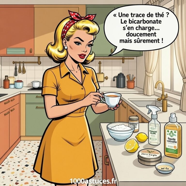 Illustration rétro de Mina Pop dans sa cuisine vintage, expliquant comment enlever une trace de thé avec du bicarbonate, entourée d’ingrédients naturels et d’accessoires ménagers pop art.