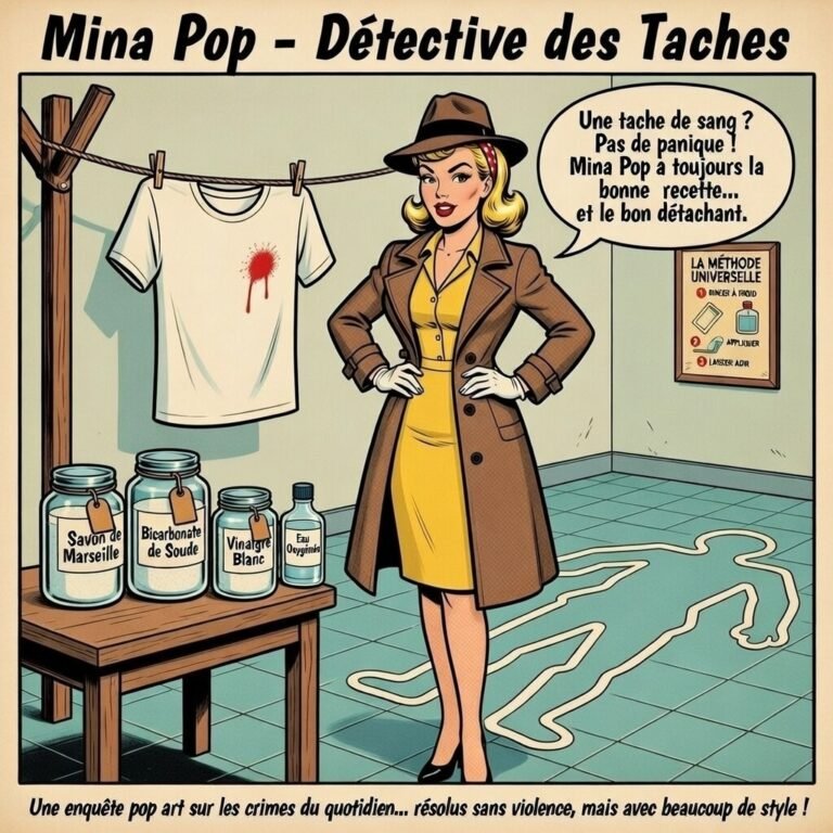 Illustration pop art de Mina Pop en détective stylée, debout près d’une chemise blanche tachée de rouge suspendue à une corde à linge. Elle présente fièrement ses armes secrètes : savon de Marseille, bicarbonate, vinaigre blanc et eau oxygénée. En arrière-plan, une affiche “Méthode Universelle” détaille les étapes du détachage. Ambiance scène de crime ménagère, humour rétro.