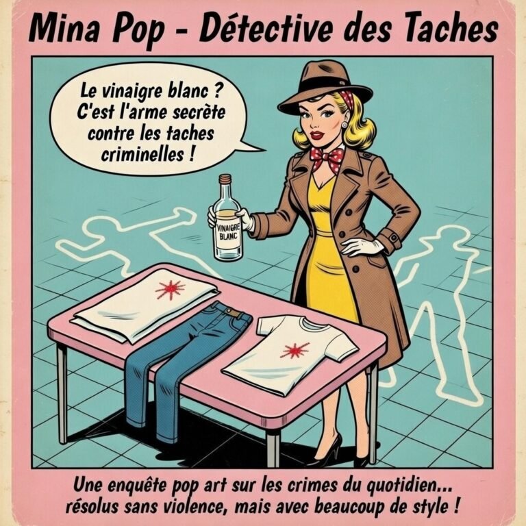 Illustration style pop art rétro de "Mina Pop", détective des taches. Elle porte une robe jaune, un trench-coat et un foulard à pois rouges. Elle tient fièrement une bouteille étiquetée "Vinaigre Blanc". Devant elle, une table rose présente des vêtements tachés de sang : un t-shirt et un jean. Une bulle dit : "Le vinaigre blanc ? C'est l'arme secrète contre les taches criminelles !". Des silhouettes de scènes de crime sont au sol.