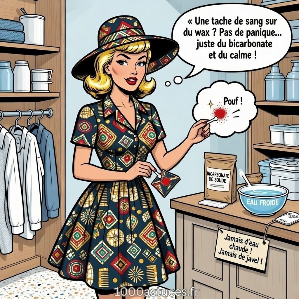 Illustration pop art de Mina Pop dans une buanderie, montrant comment enlever une tache de sang sur du tissu wax avec du bicarbonate et de l’eau froide, sans javel ni eau chaude.