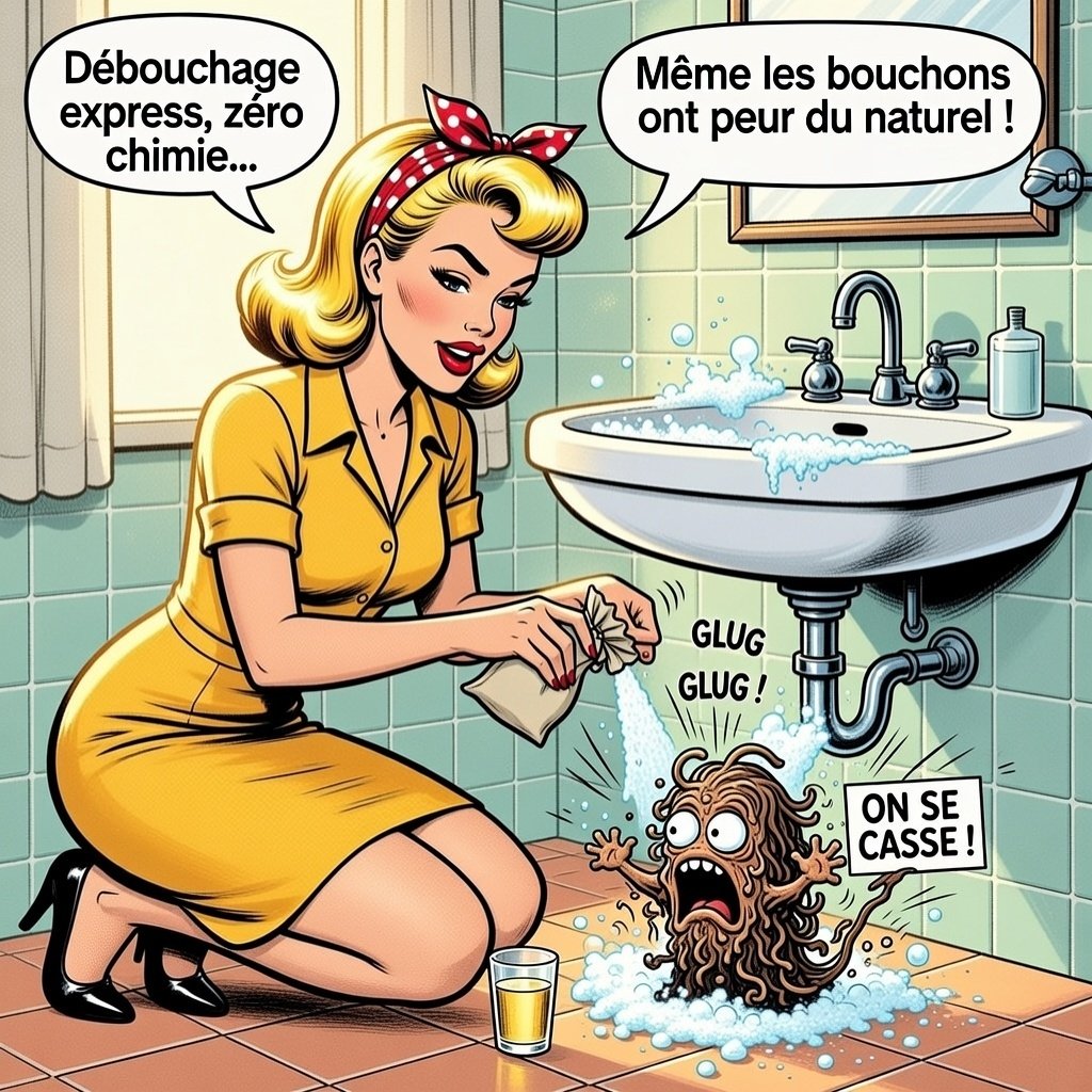 Illustration humoristique . Mina nettoie les canalisations avec du bicarbonate (baking soda)