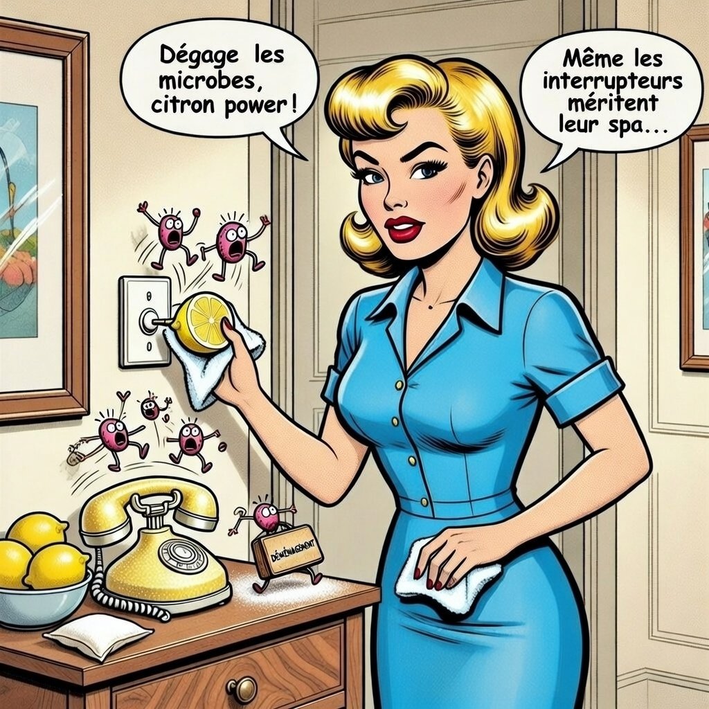 Mina Pop désinfecte et nettoie un interrupteurs avec du citron