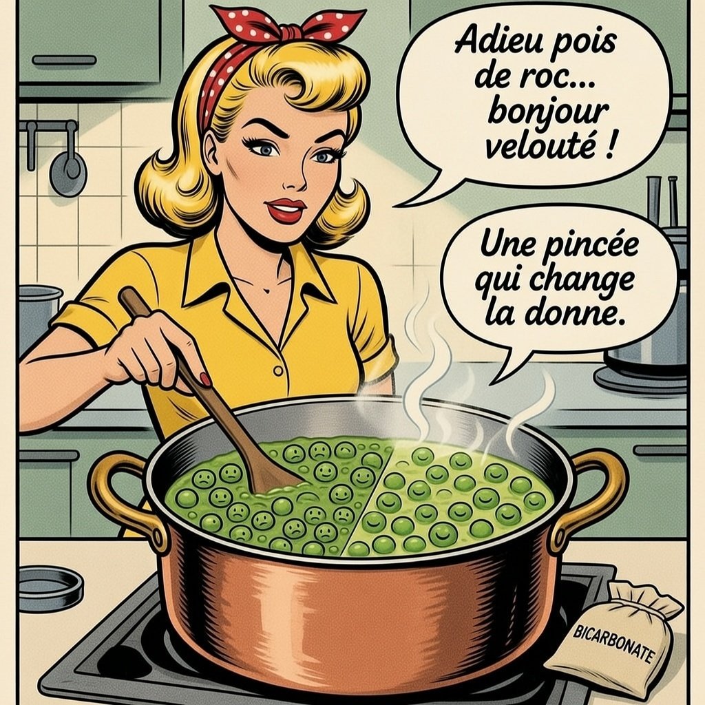 Mina pop verse une pincée de bicarbonate pour la soupe aux pois .