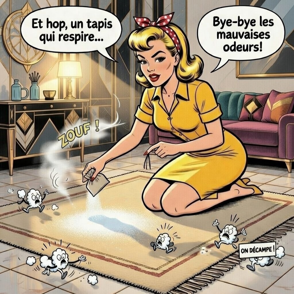 Dans un décor art-déco. Mina nettoie un tapis avec du bicarbonate(baking soda)