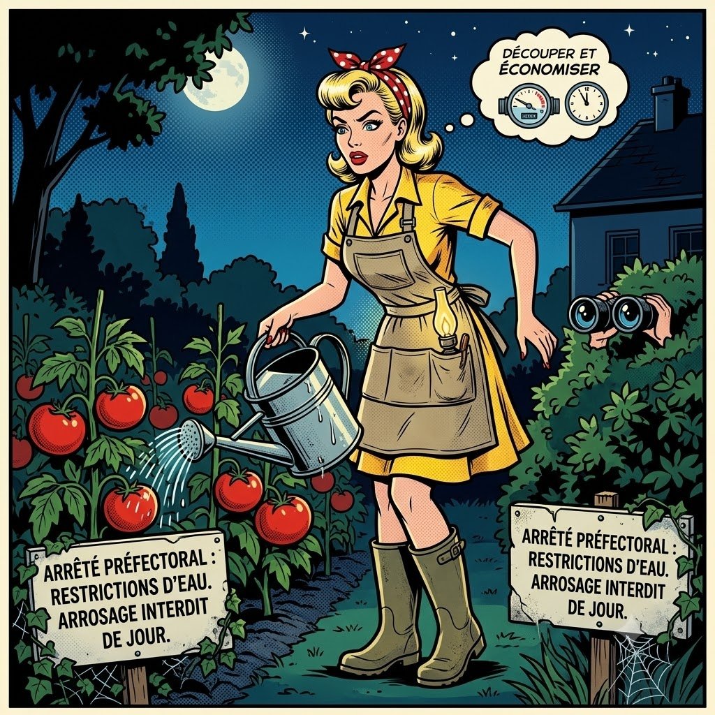 Mina Pop profite de la nuit pour arroser ses tomates